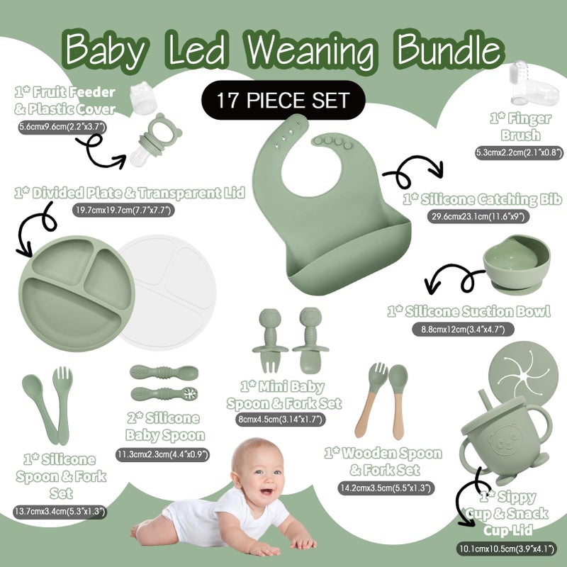 Catvegue Baby Led Weaning Supplies  17 Piece BPA-Free Silicone Feeding Set  Eating Essentials Baby Utensils with Suction Plate and Bowl  Pocket Bib  Sippy Cup with Lid  for 6+ Months  Green - Image 2